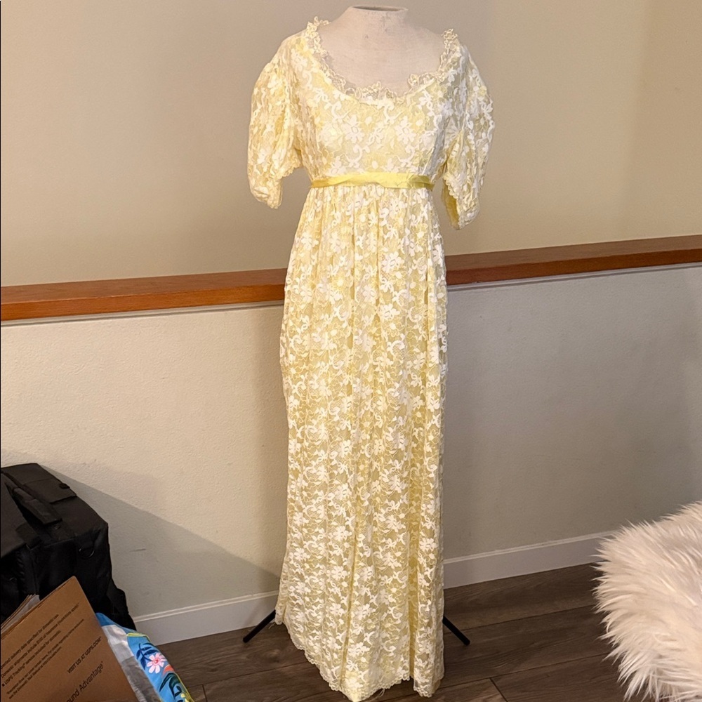 Vintage 1960s Yellow Taffeta Floral Overlay Prom Dress | Puffed Sleeves  Gown - Picture 2 of 16